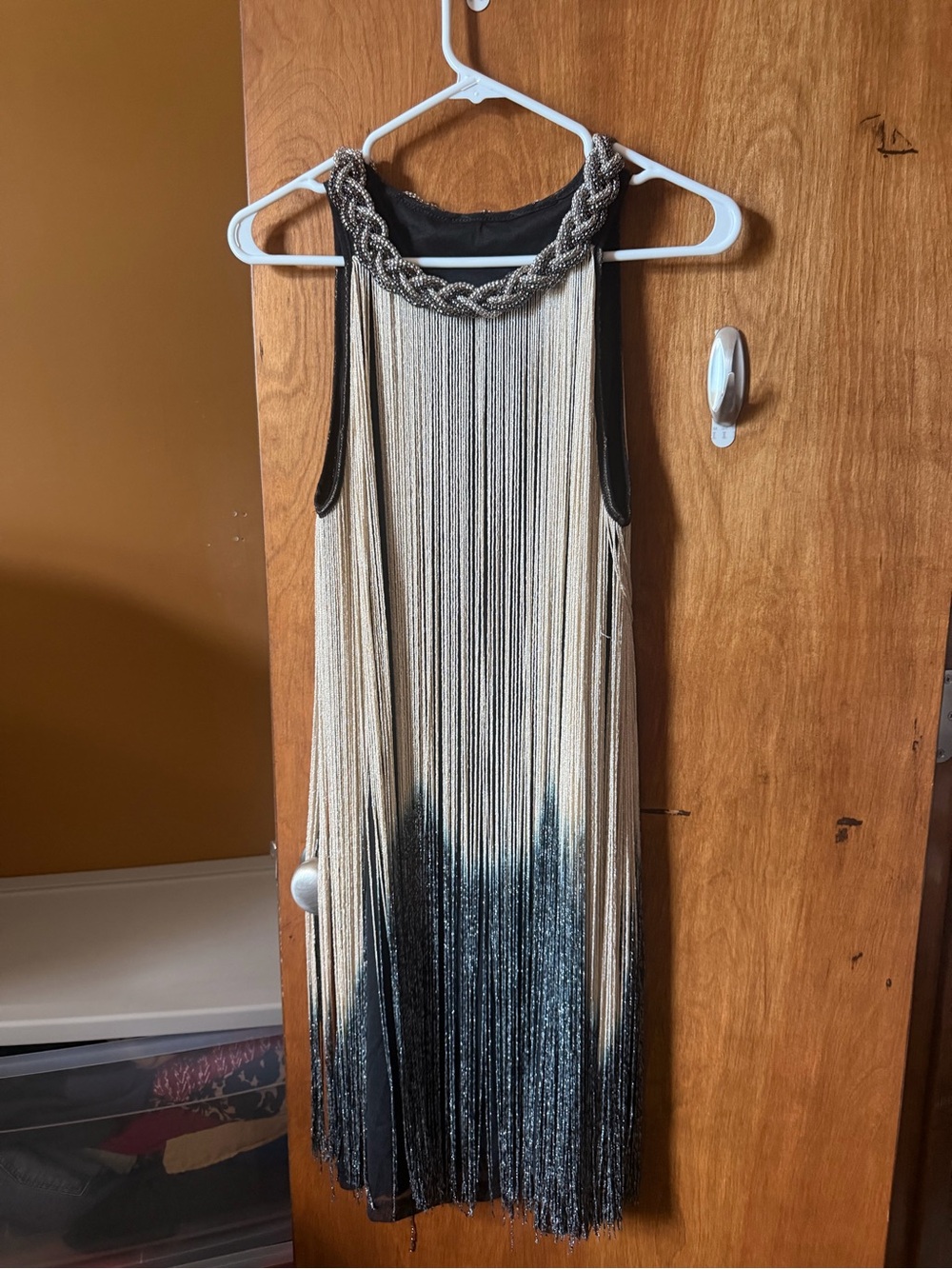 Flapper girl Black and Cream Braided-Neckline Fringe Midi Dress